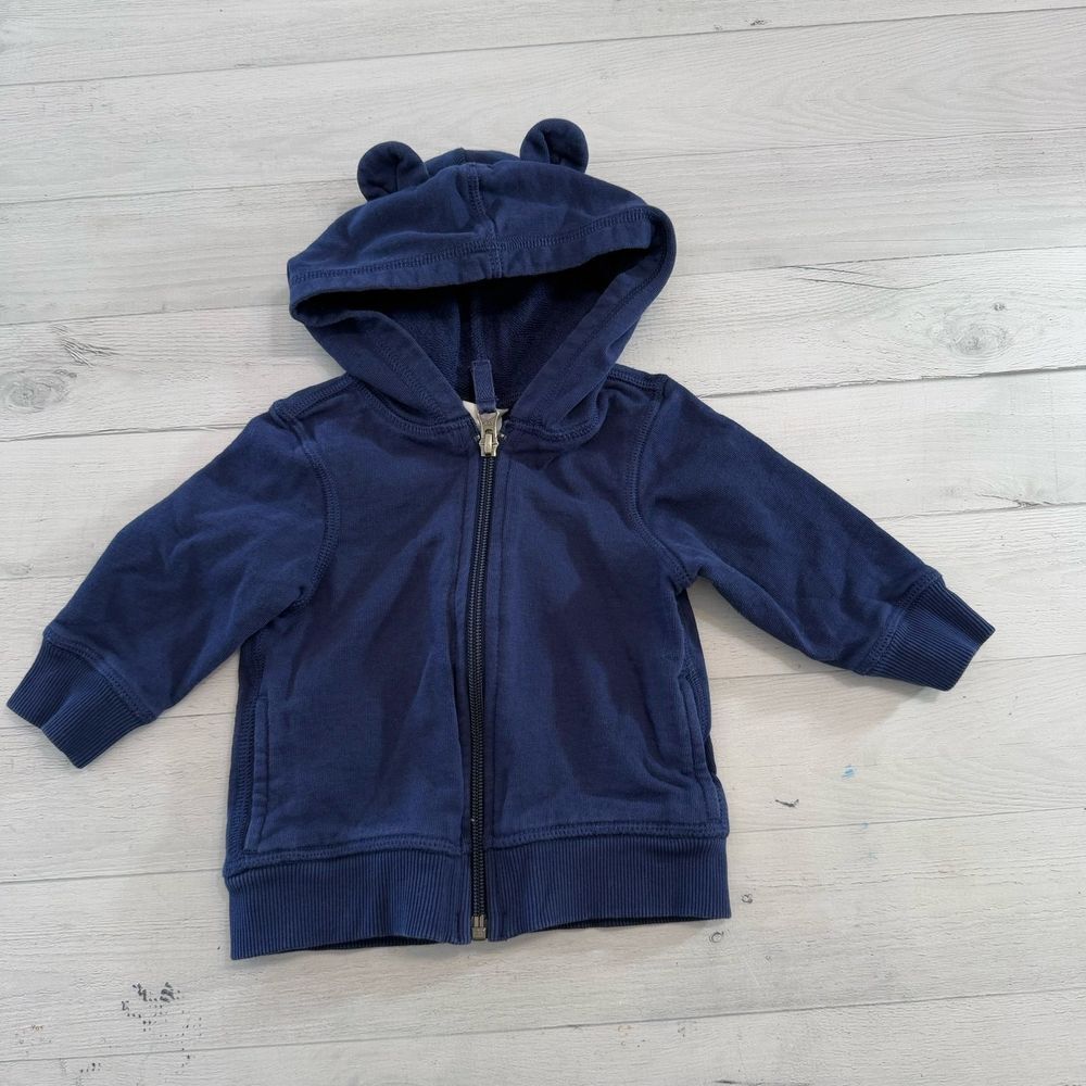 Hanna Andersson baby navy blue bear eyes hooded zip up 70/6-12 months